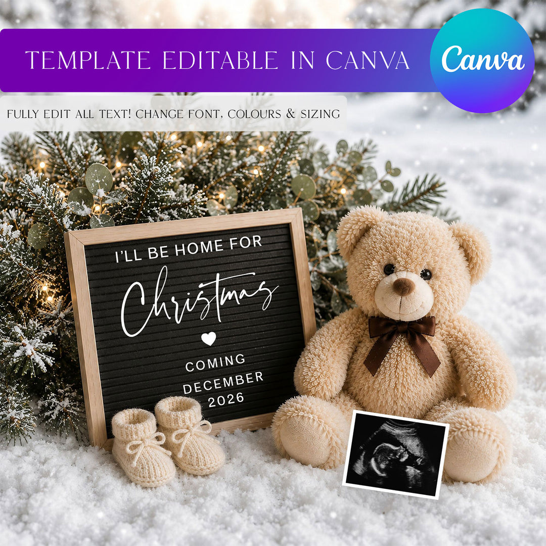 Baby Due Snowy Christmas Digital Pregnancy Announcement edit template in Canva