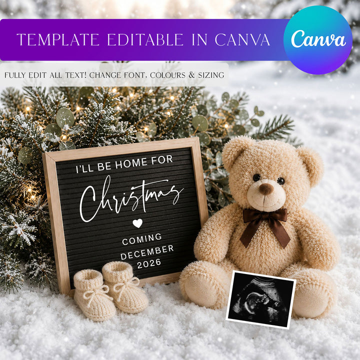 Baby Due Snowy Christmas Digital Pregnancy Announcement edit template in Canva