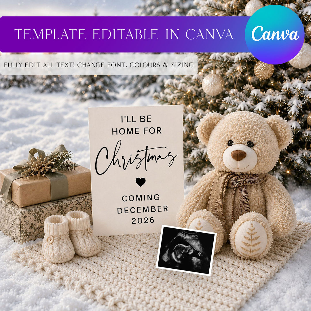 Festive Teddy Bear Christmas Pregnancy Announcement editable Canva template