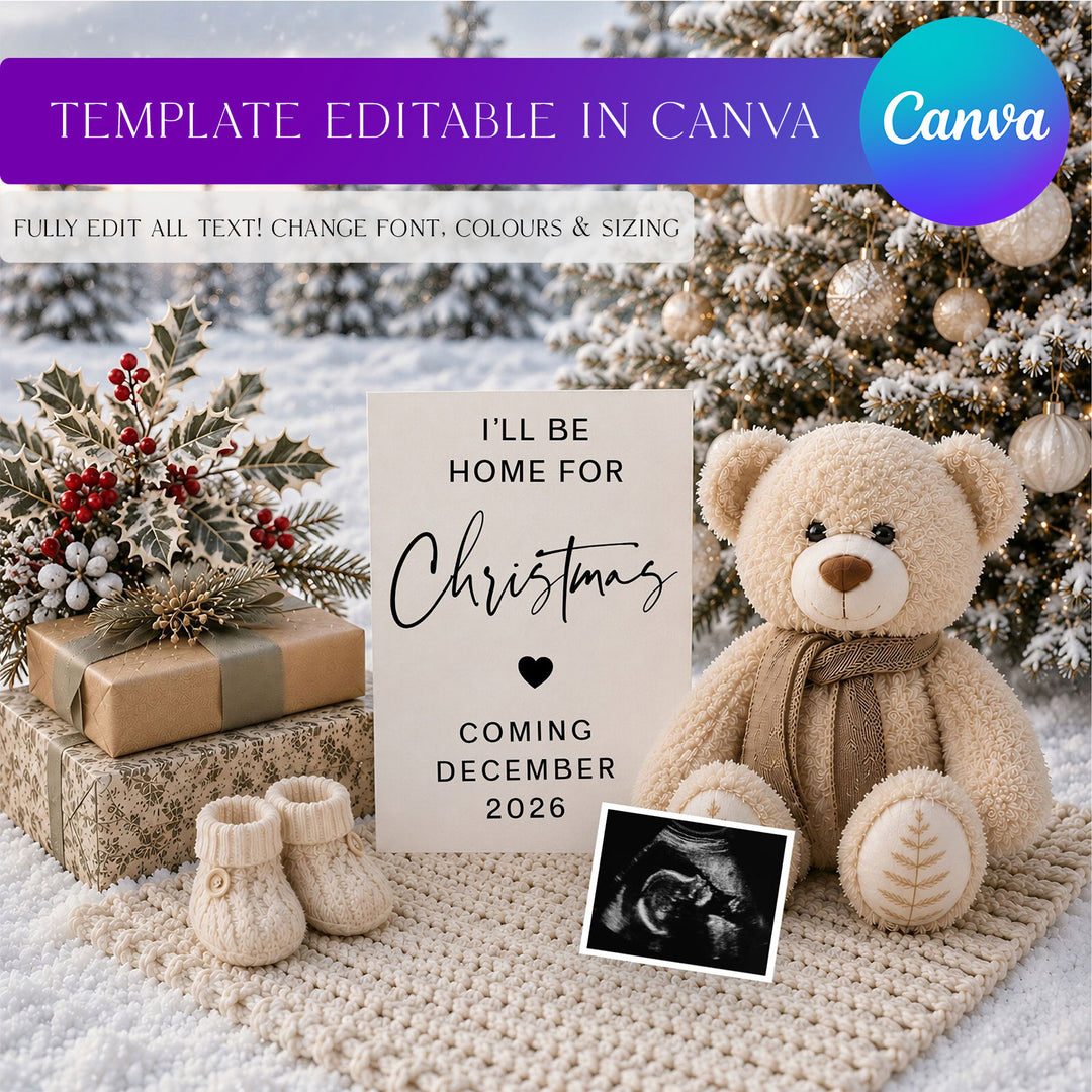 Festive Teddy With Holly Christmas Pregnancy Announcement editable with Canva