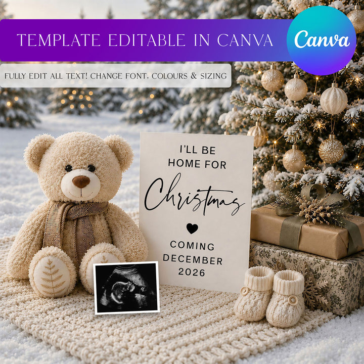 Snowy Teddy Bear Christmas Pregnancy Announcement editable template in Canva