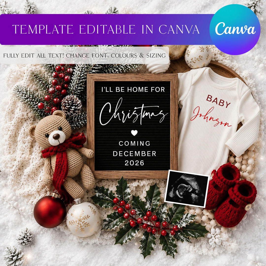 Snowy Christmas Pregnancy Announcement editable template in Canva