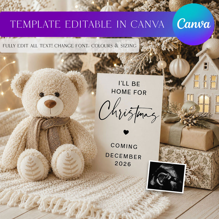Snowy Bear with Presents Pregnancy Announcement editable Canva template
