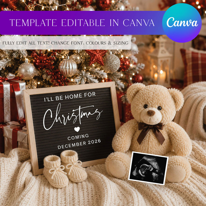Log Cabin Christmas Digital Pregnancy Announcement Editable Canva Template