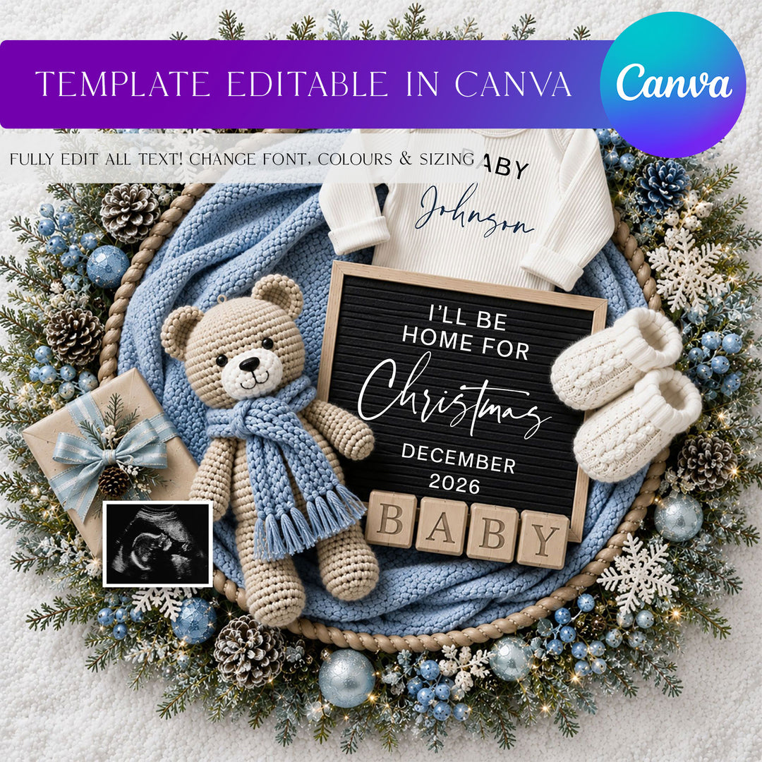 Bear In Blue Christmas Pregnancy Announcement editable Canva template for social media