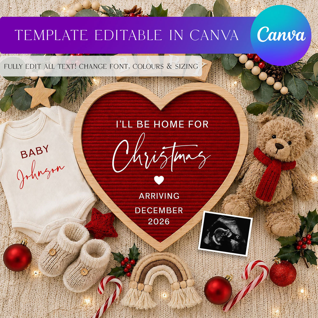 Red Heart Christmas Pregnancy Announcement editable Canva editable template
