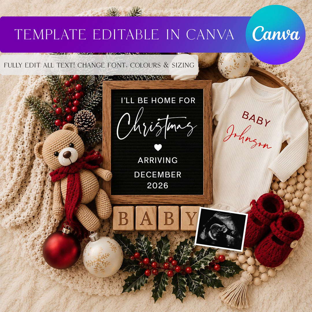 Christmas Pregnancy Announcement editable Canva template