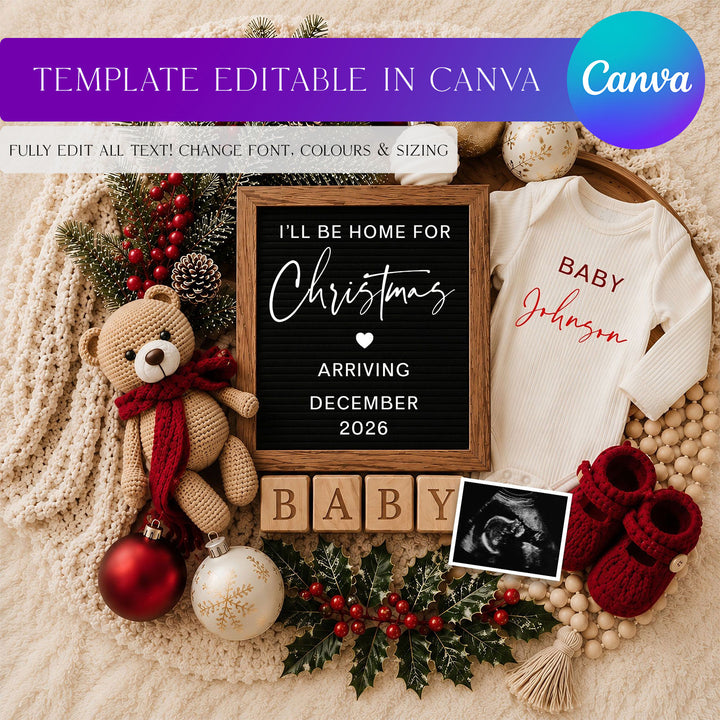 Christmas Pregnancy Announcement editable Canva template