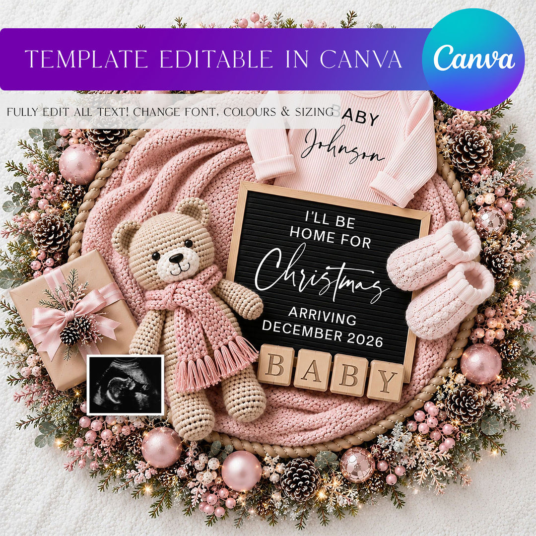 Bear In Pink Christmas Pregnancy Announcement Editable Canva Template