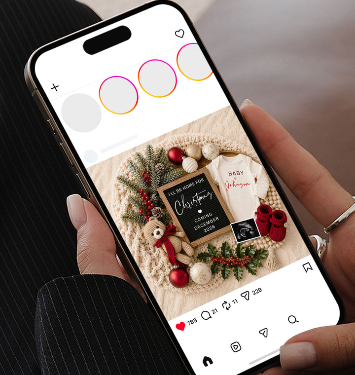 Phone displaying a Christmas-themed baby announcement photo with festive decorations.