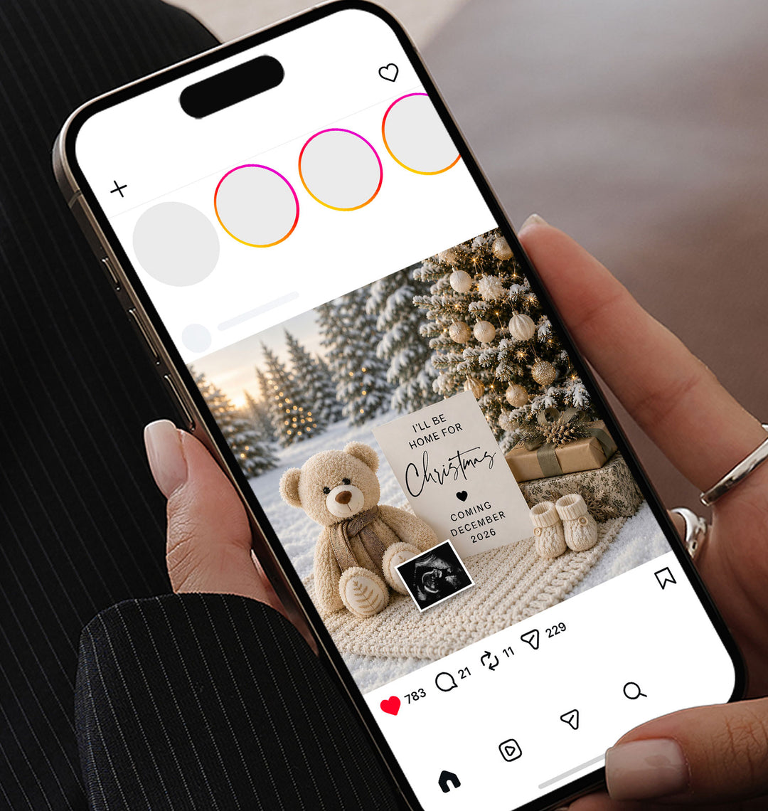 Snowy Teddy Bear Christmas Pregnancy Announcement editable template in Canva