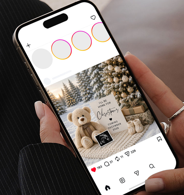 Snowy Teddy Bear Christmas Pregnancy Announcement editable template in Canva
