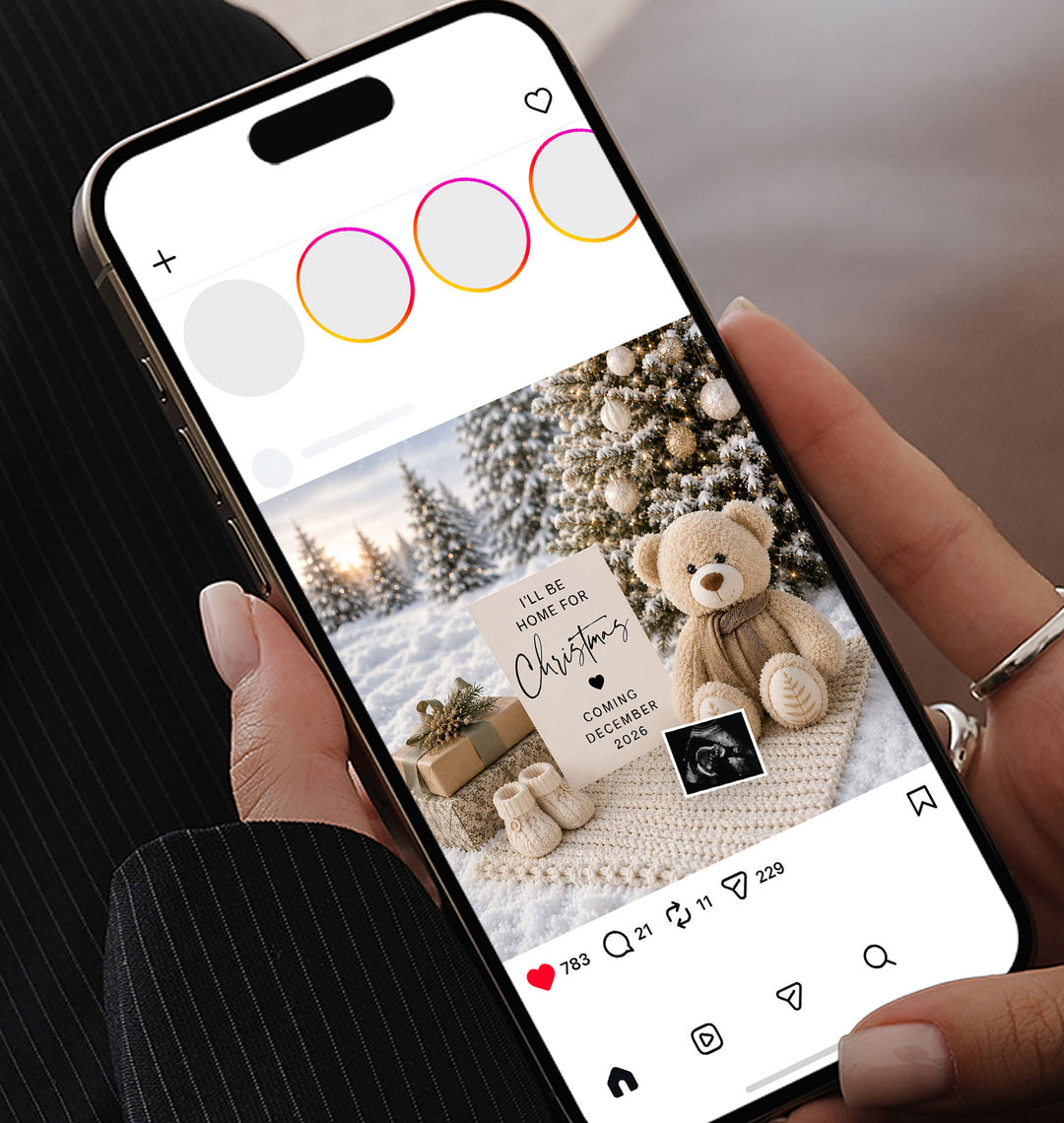 Festive Teddy Bear Christmas Pregnancy Announcement editable Canva template