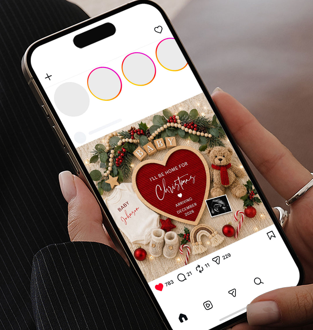 Red Heart Christmas Pregnancy Announcement editable Canva editable template