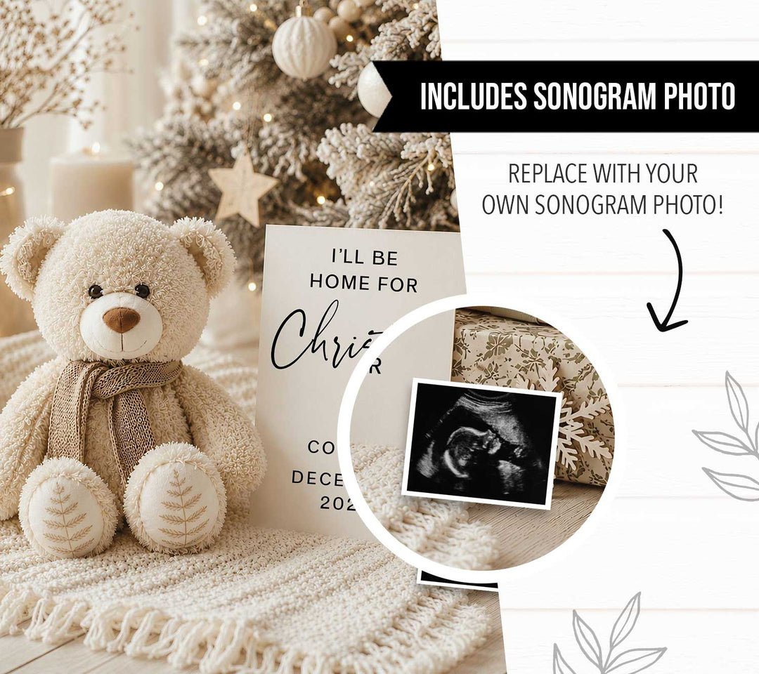 Snowy Bear with Presents Pregnancy Announcement editable Canva template