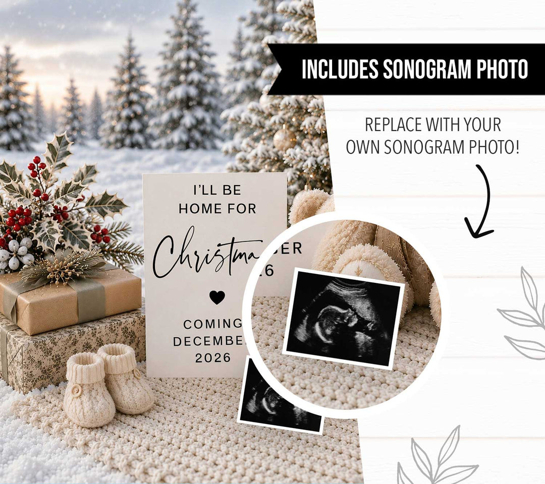 Festive Teddy With Holly Christmas Pregnancy Announcement editable with Canva