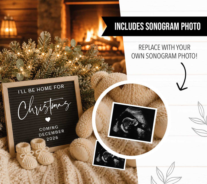 Warm Cabin Christmas Digital Pregnancy Announcement Editable Canva Template