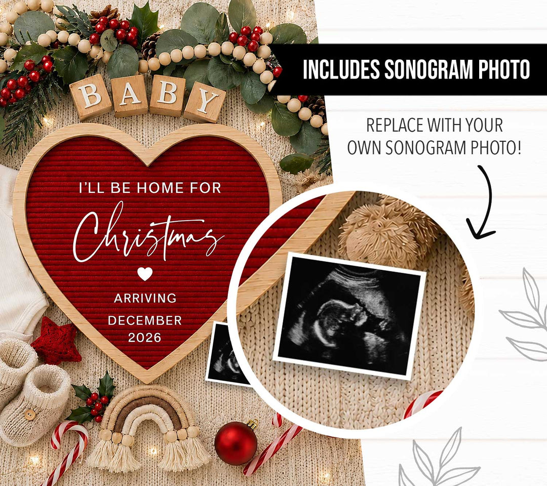 Red Heart Christmas Pregnancy Announcement editable Canva editable template