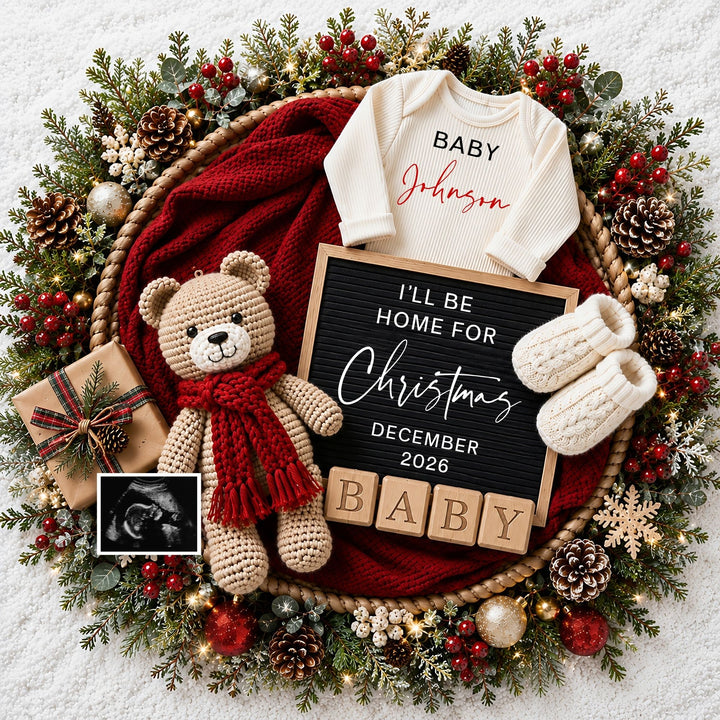 Bear With Scarf Christmas Pregnancy Announcement editable Canva template