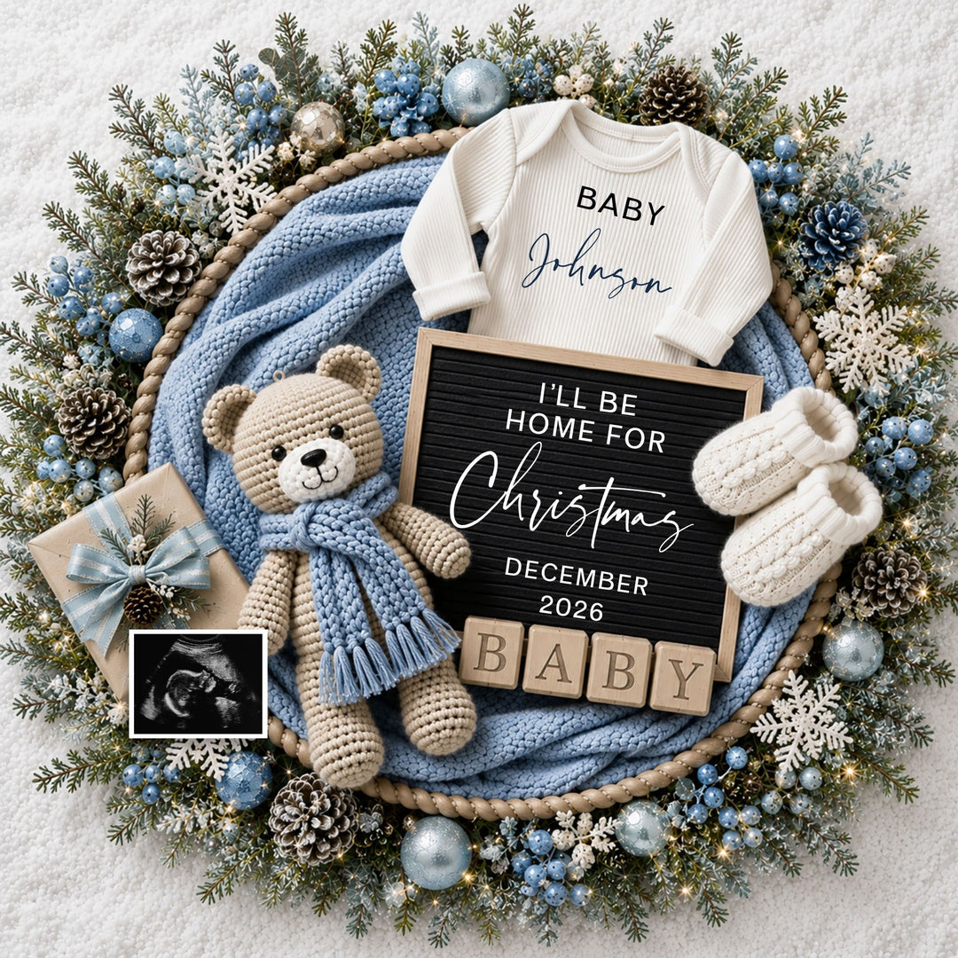 Bear In Blue Christmas Pregnancy Announcement editable Canva template for social media