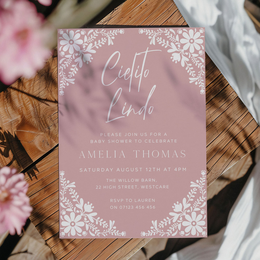 Romantic floral baby shower invite in blush pink with delicate Mexican folk design, great for spring or summer parties.