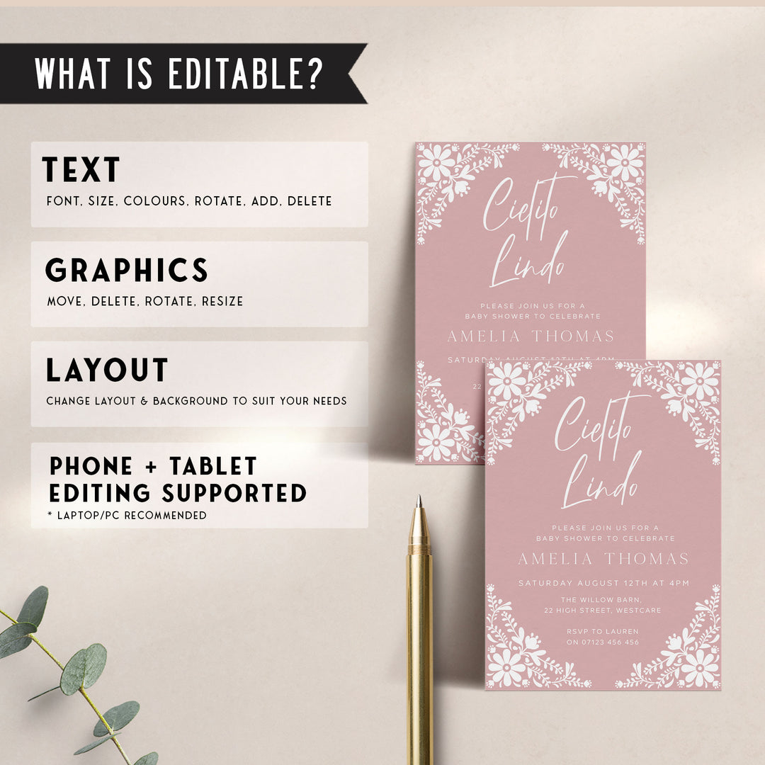 Editable baby shower invitation in pink with white floral detail, perfect for a boho or Mexican-inspired celebration.
