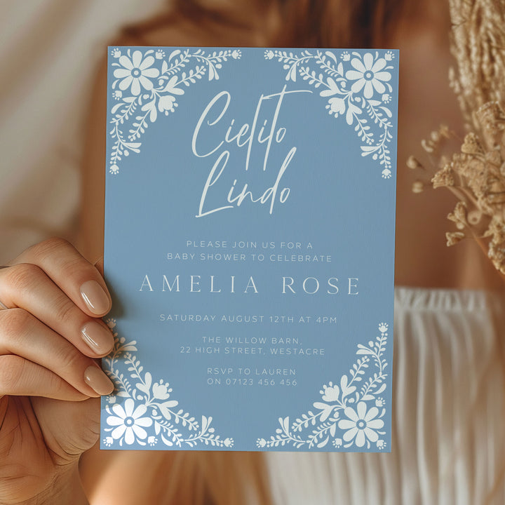 Elegant floral baby shower invite with Cielito Lindo script, ideal for Mexican-inspired or boho party themes.