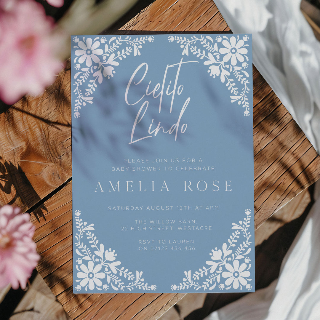 Personalized fiesta baby shower invite for Amelia Thomas, designed with rustic charm for a memorable celebration.