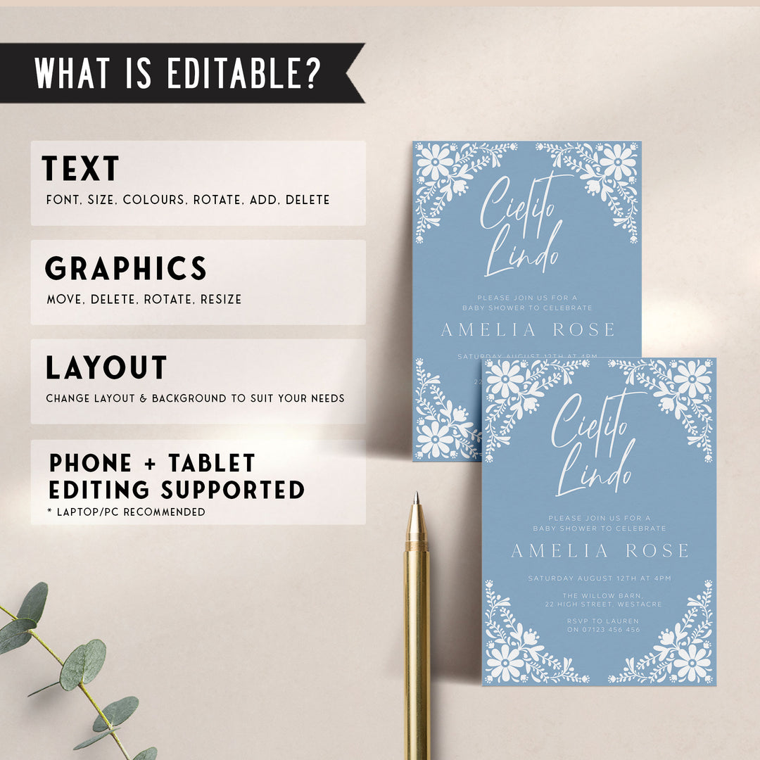 Cielito Lindo baby shower template with editable text for names, date, and RSVP info, ideal for DIY party planners.