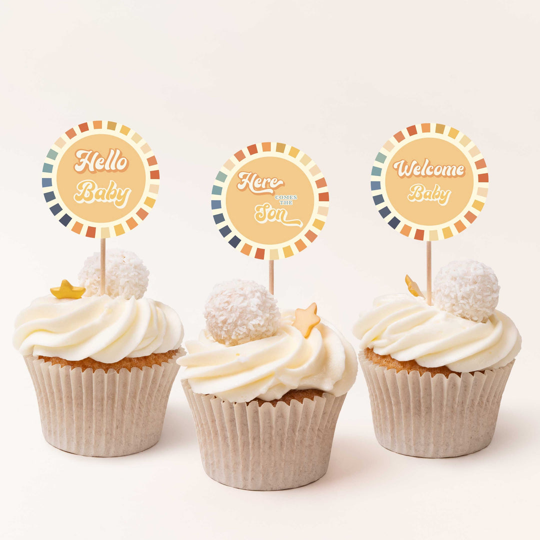 here comes the son baby shower party bundle. Fully editable and includes items such as invitations, welcome signs, thank you tags, guess the baby birthday game, 60 baby shower games, and more. All are fully editable