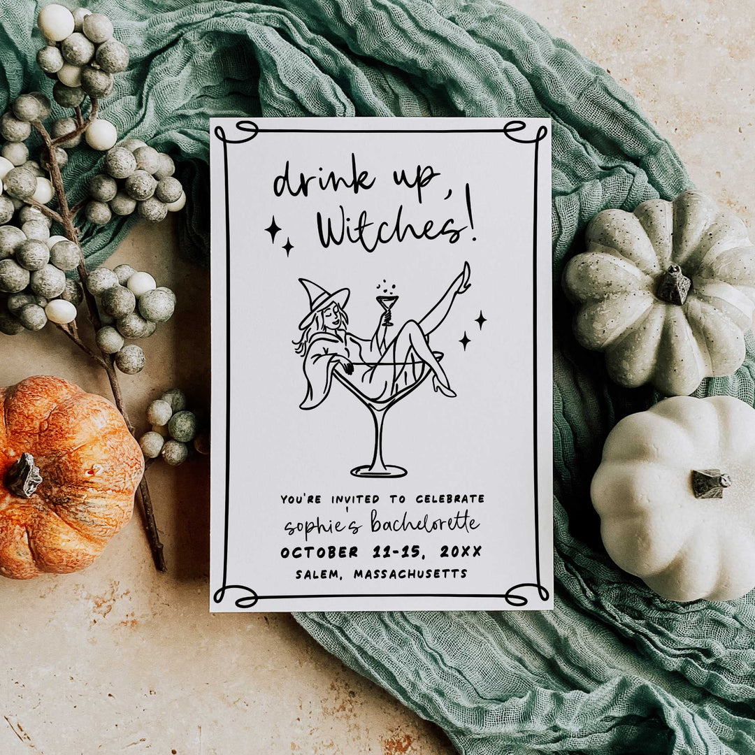 Playful witch-themed bachelorette invite, perfect for printing or sending via email for fall celebrations