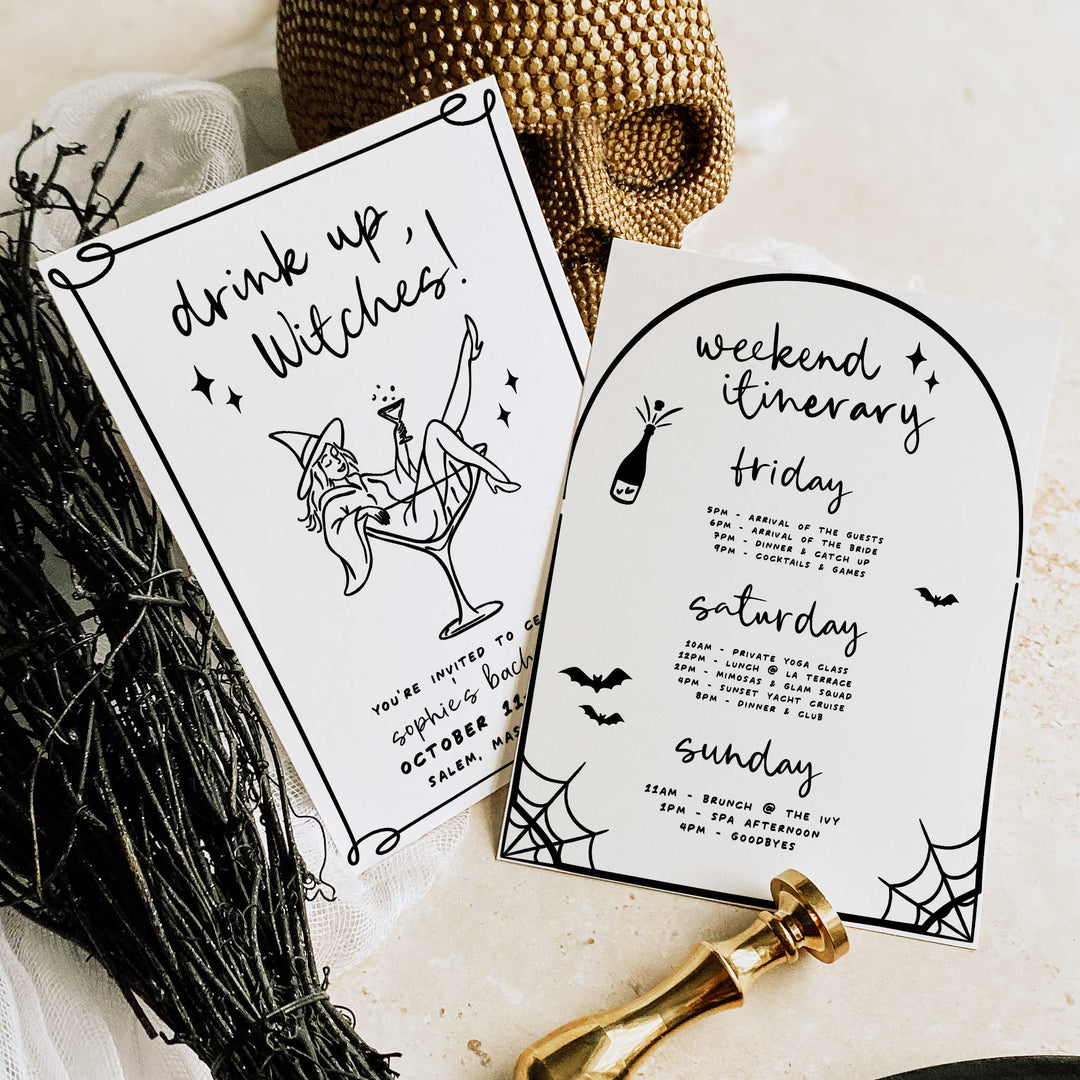 Halloween bridal shower invitation featuring witch in a martini glass, ideal for spooky season events and parties
