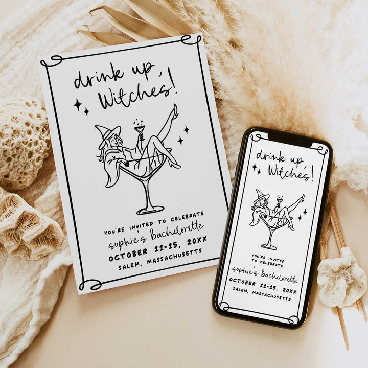 Witch-themed bachelorette party invitation with playful martini glass artwork, editable digital download for fall events