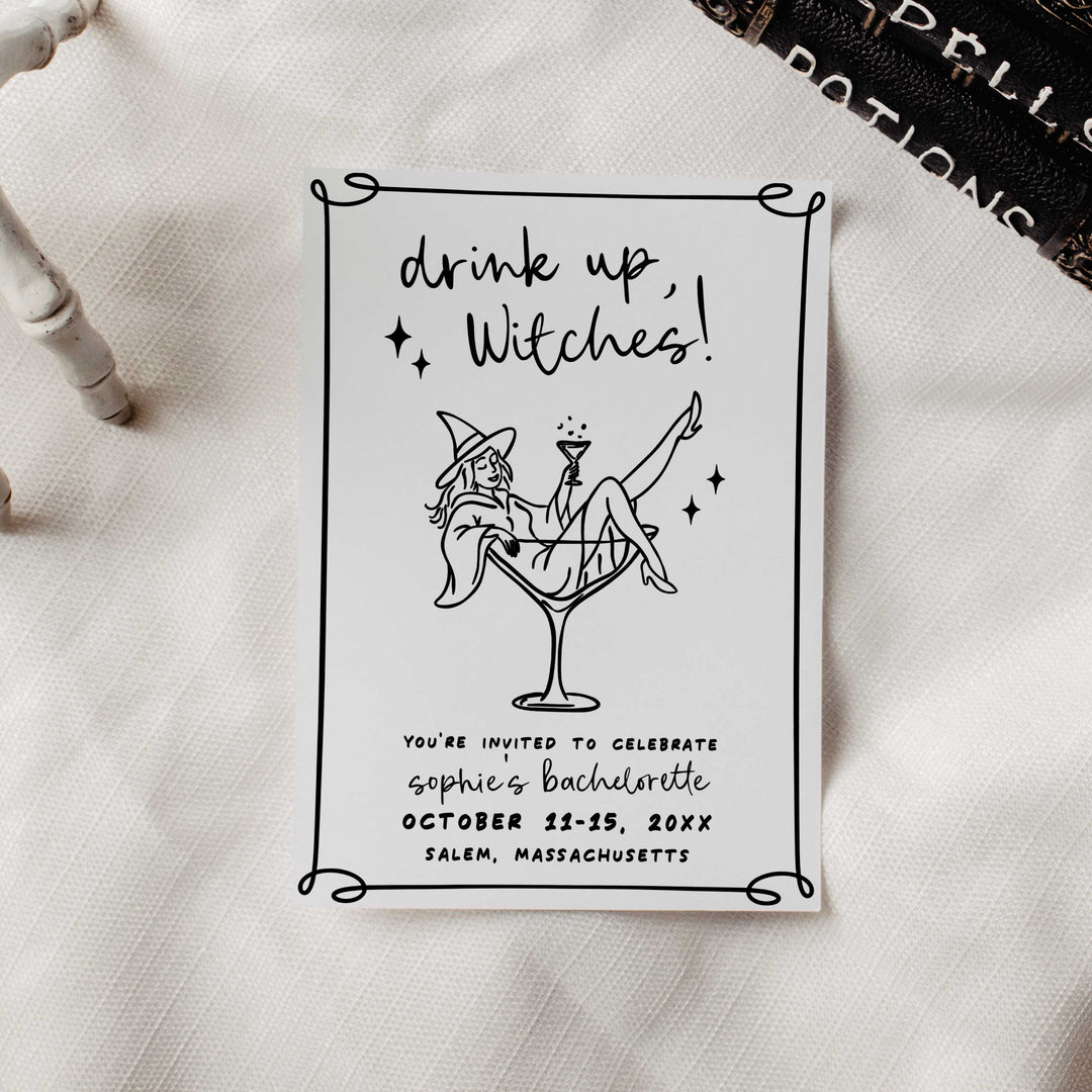 Printable Halloween bridal shower invite with witch in cocktail glass, perfect for bridesmaids planning October festivities