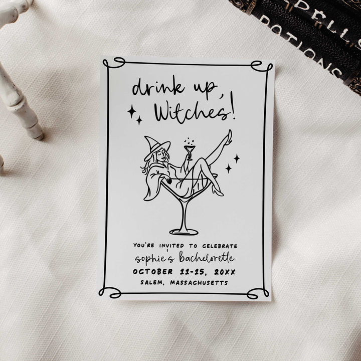 Printable Halloween bridal shower invite with witch in cocktail glass, perfect for bridesmaids planning October festivities