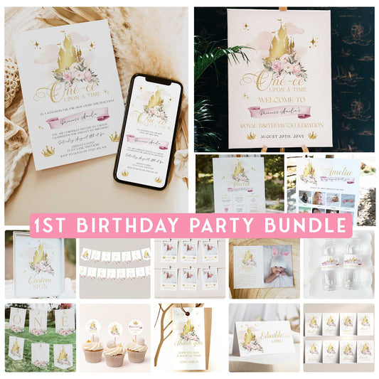 fully editable once upon a time 1st birthday party editable bundle