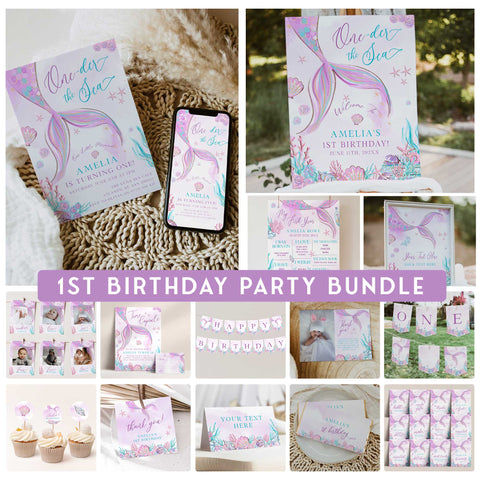 ONEder the sea first birthday party bundle including invitation set, welcome signs, my first year sign, bunting, cupcake toppers and more