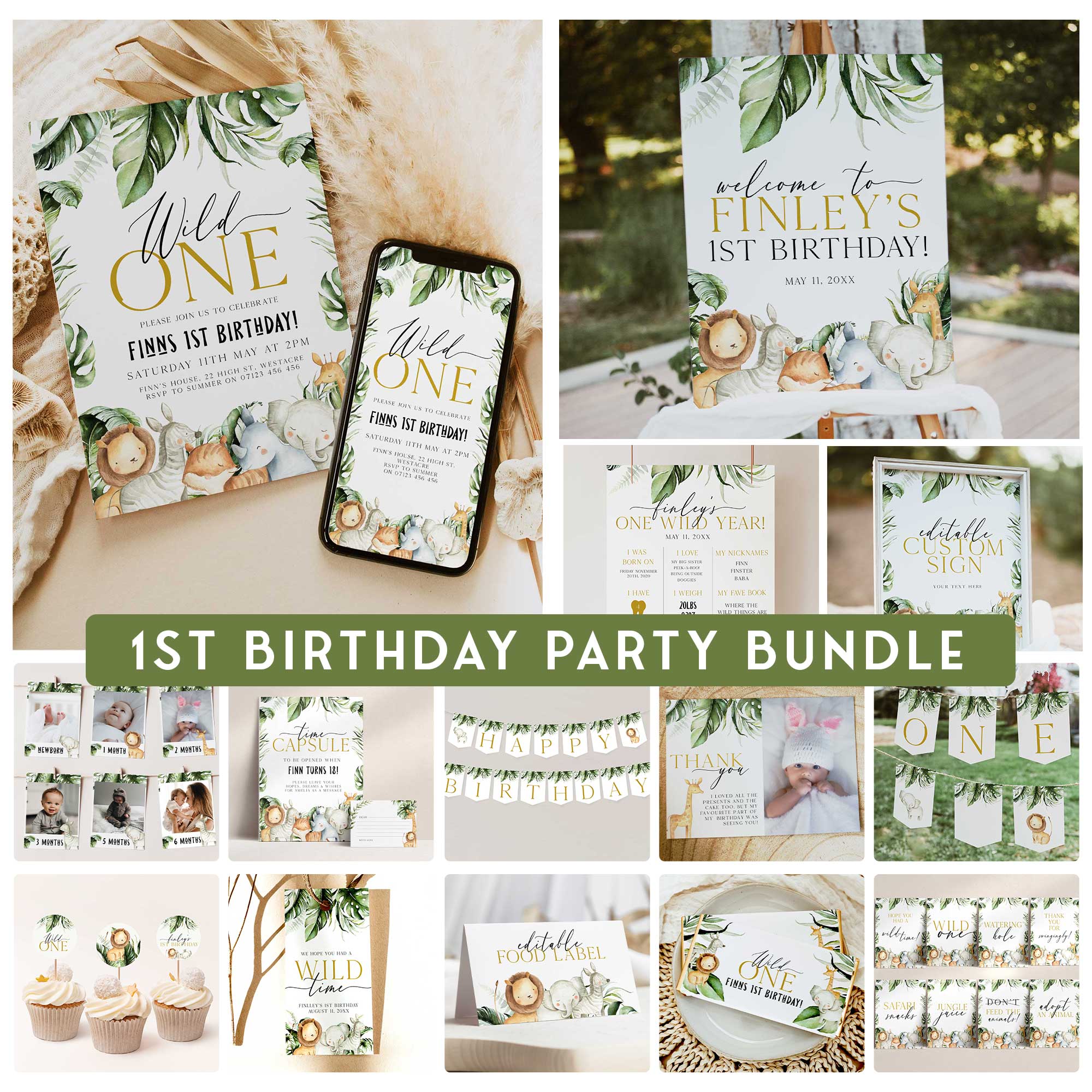 WILD ONE first birthday party bundle including invitations, welcome signs, my first birthday, table signs, tags, bunting and more