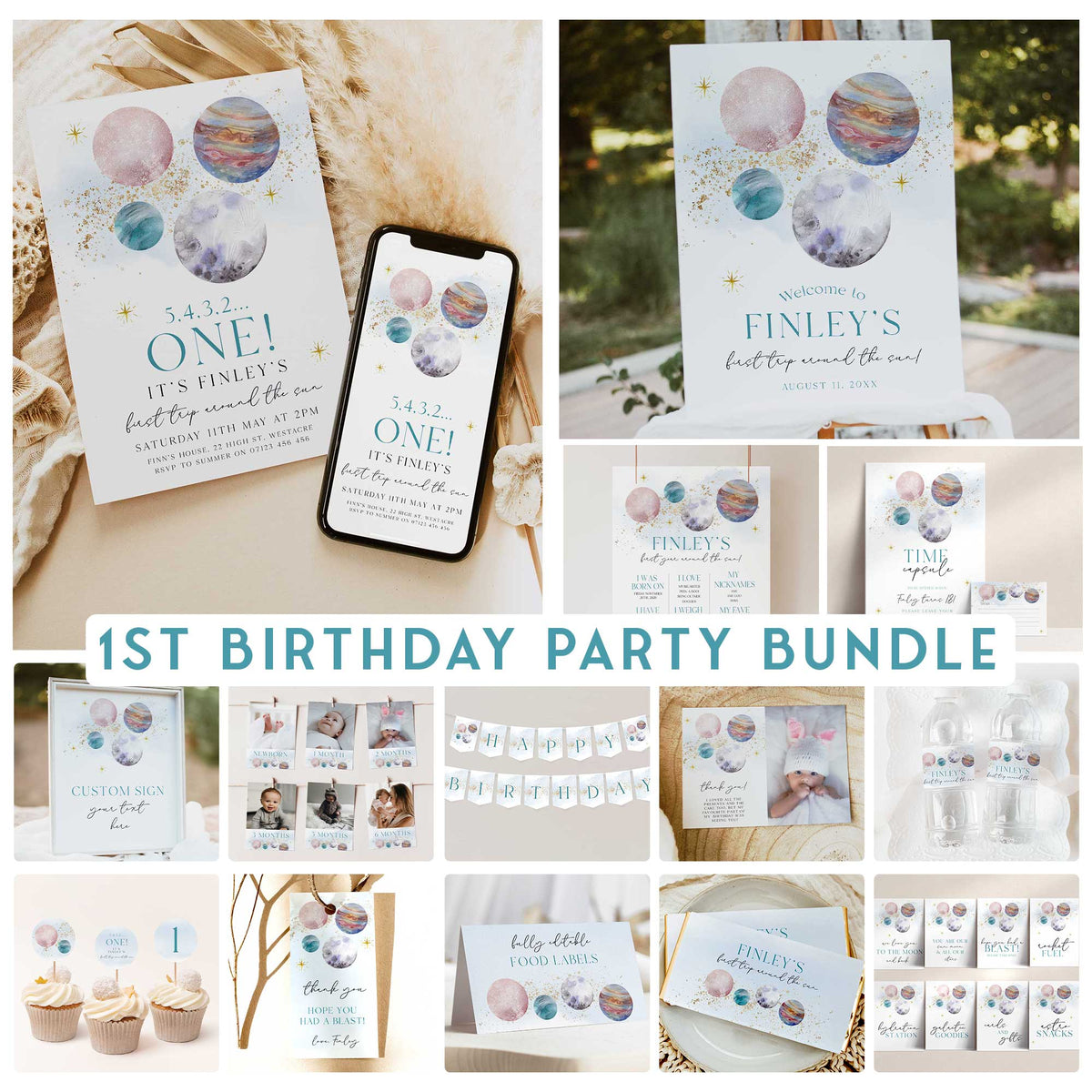 SPOOKY ONE first birthday bundle including invitations, welcome signs, my first year signs, labels, tags, table signs, bunting and more