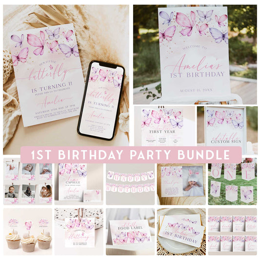Butterfly first birthday party bundle including invitations, welcome signs, my first year chart, bunting, table signs, labels, tags and more
