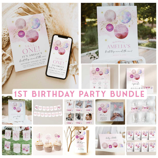 fully editable first trip around the sun girl first birthday bundle