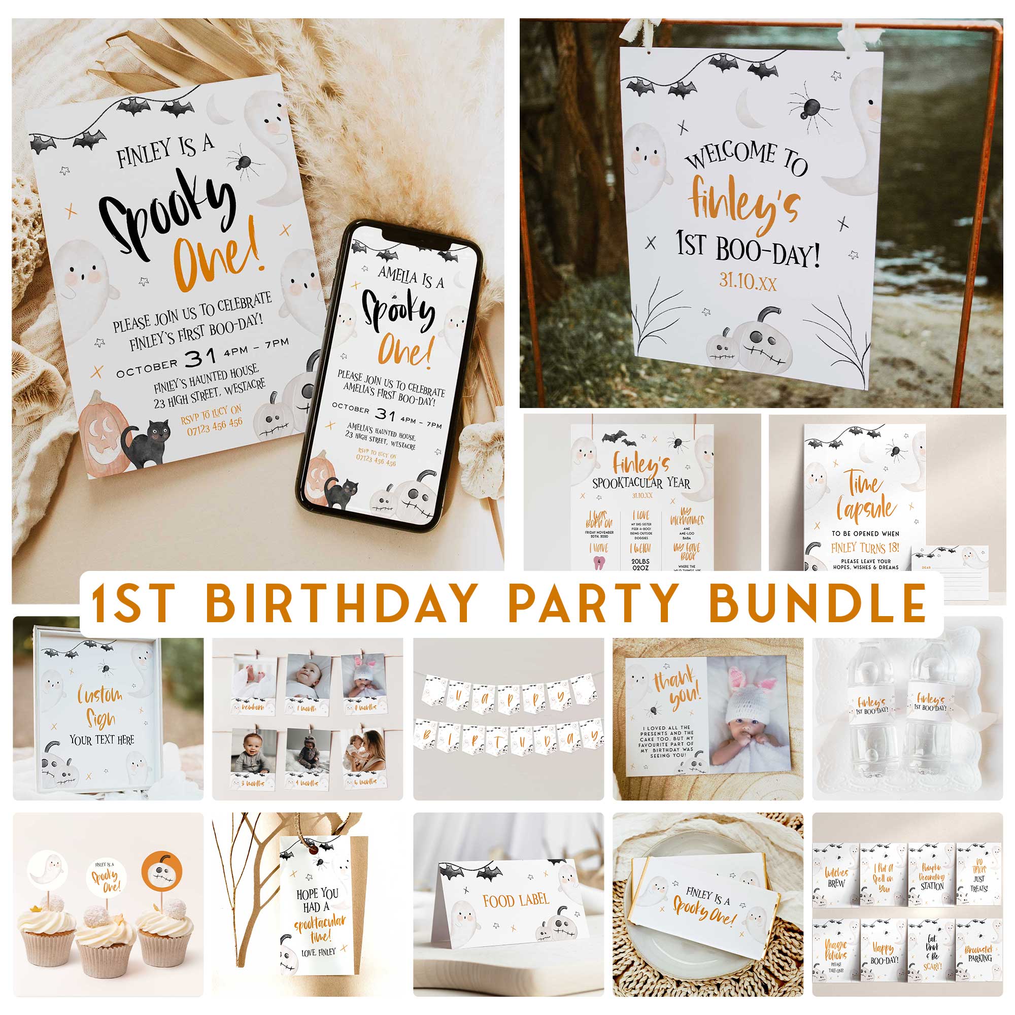 SPOOKY ONE first birthday bundle including invitations, welcome signs, my first year signs, labels, tags, table signs, bunting and more