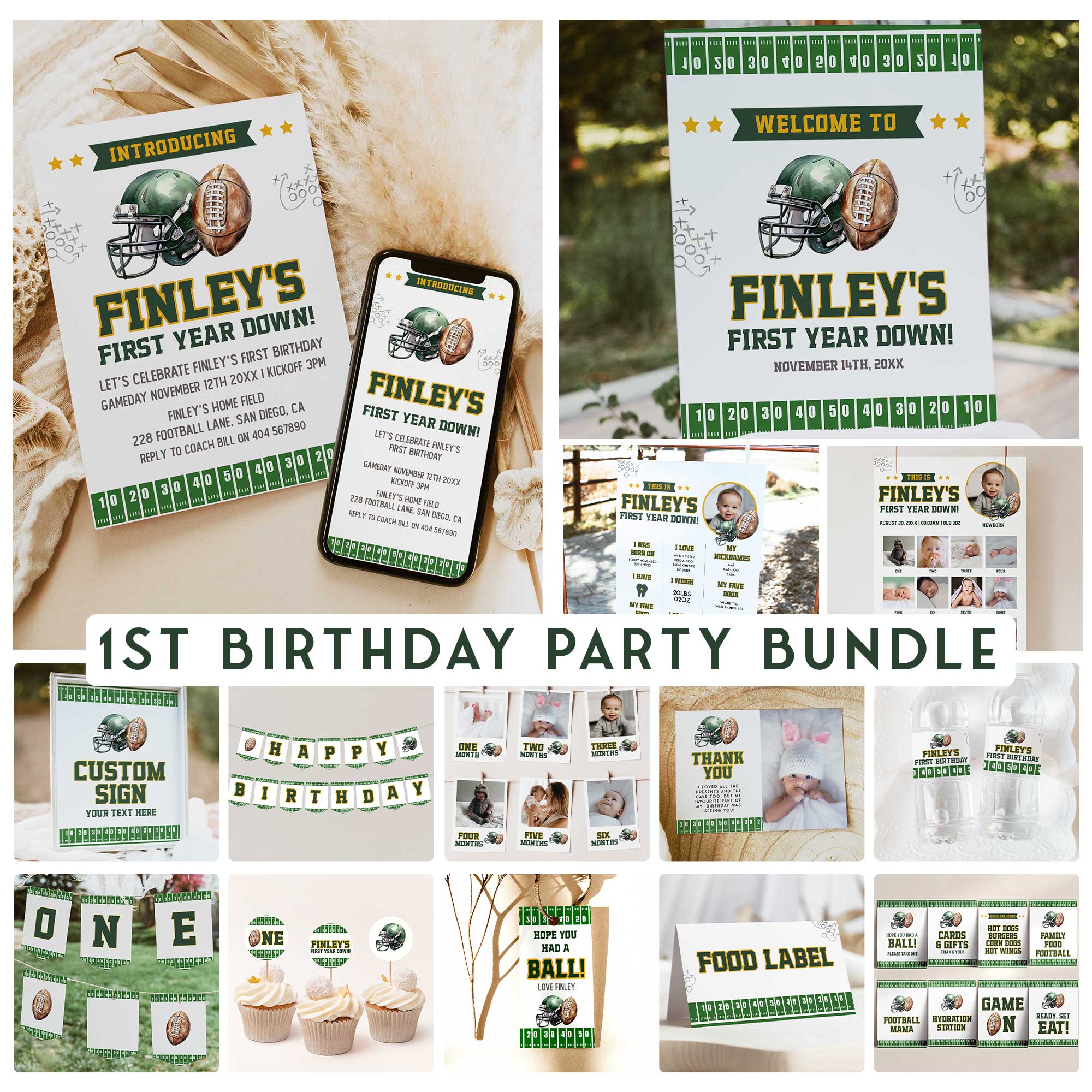 American football first birthday party bundle. Fully editable birthday bundle set