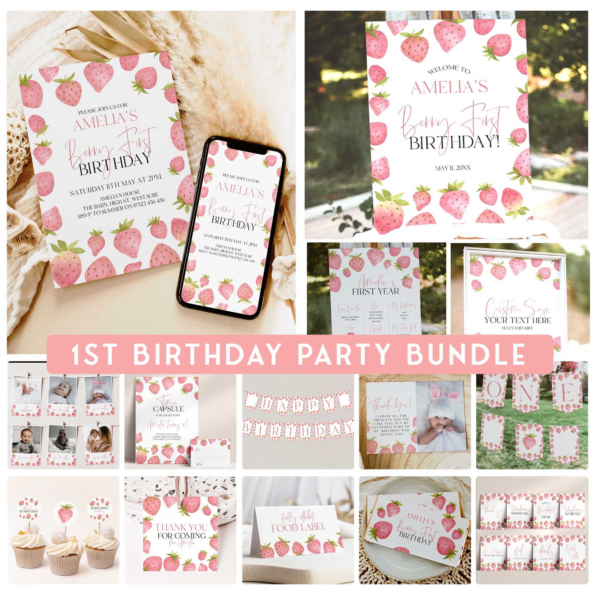 Berry first birthday party bundle including invitations, welcome signs, my first year, bunting, table signs, food labels, tags and more