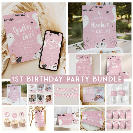 SPOOKY ONE first birthday bundle including invitations, welcome signs, my first year signs, labels, tags, table signs, bunting and more