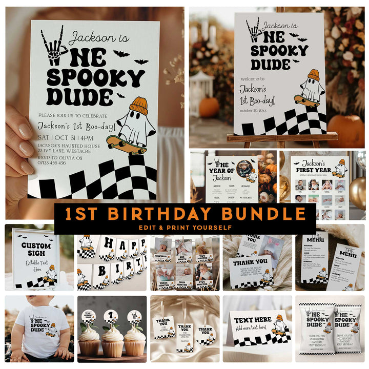 Halloween-themed birthday party printables and decorations with text 'One Spooky Dude'.