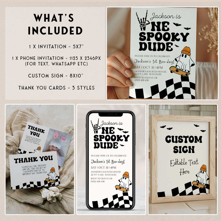 One Spooky Dude Halloween-themed invitations, phone invitation, and custom sign with editable text.