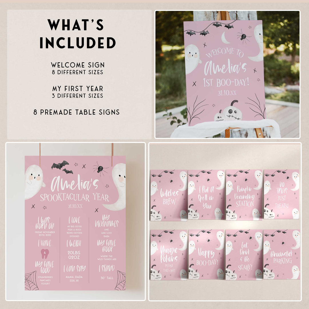 SPOOKY ONE first birthday bundle including invitations, welcome signs, my first year signs, labels, tags, table signs, bunting and more