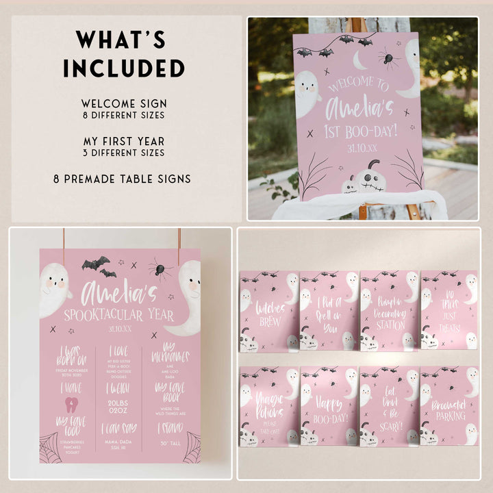 SPOOKY ONE first birthday bundle including invitations, welcome signs, my first year signs, labels, tags, table signs, bunting and more