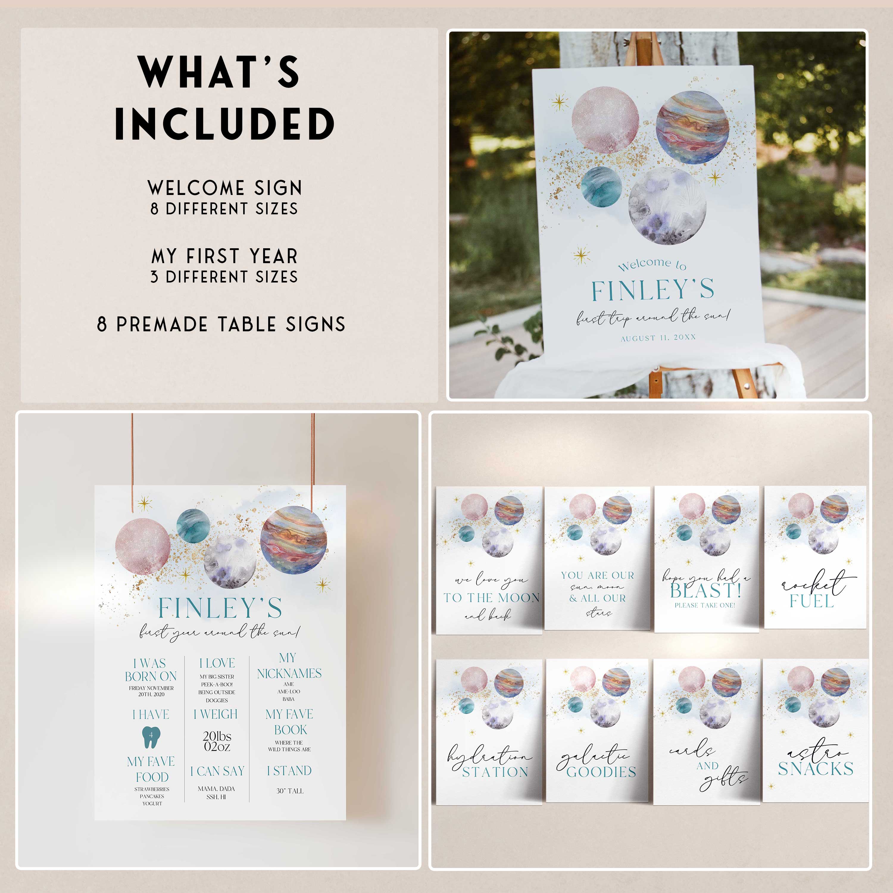 SPOOKY ONE first birthday bundle including invitations, welcome signs, my first year signs, labels, tags, table signs, bunting and more